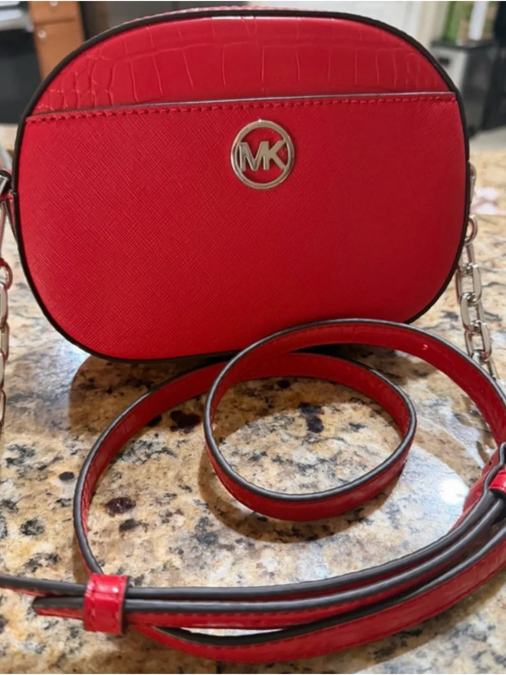 Michael Kors Red Leather Crossbody with Croc-Trim and MK Emblem